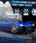 Eight Pack 200W LED Garage Lights With Six Adjustable Panels 20000 Lumen 6500K Daylight over blue car in garage