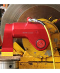 Professional Hydraulic Torque Wrench 36992 Nm 700 Bar 2-1/2 Inch Square Drive showing red aluminum build with hoses and yellow base.