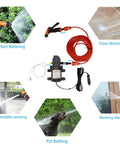 12V Portable High Pressure Water Pump Kit For Cars And RVs 100W Mini Electric Pressure Washer with hose, used for various cleanings.