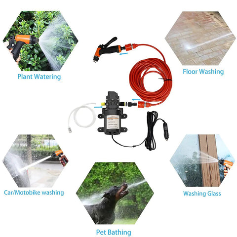 12V Portable High Pressure Water Pump Kit For Cars And RVs 100W Mini Electric Pressure Washer with hose, used for various cleanings.
