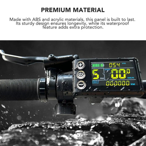 IP65 Rated LCD Display Panel For Electric Vehicles And E Bikes showing speed and battery level, mounted on handlebar.