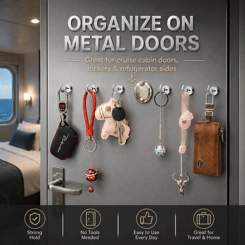 Boss Grade Magnetic Hooks 10 Pack Silver 30lb Grip Cruise Ship Essentials Refrigerator Wall Mount Organizer Clips, showing organized metal hooks with keys.