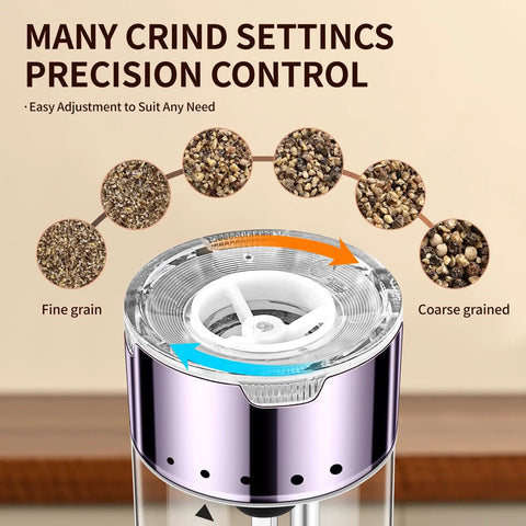 Rechargeable Electric Salt And Pepper Grinder Set with adjustable coarseness and grind levels, stainless steel and acrylic.