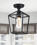 Dope Clear Glass Industrial Vintage Semi Flush Mount Ceiling Light With Lantern Cage Shade In Black Finish For Hallway Porch