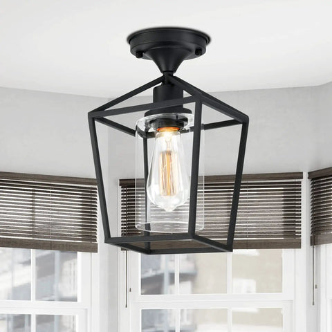 Dope Clear Glass Industrial Vintage Semi Flush Mount Ceiling Light With Lantern Cage Shade In Black Finish For Hallway Porch