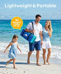 Family carrying a beach tent with double zippered doors and breathable mesh for two to three people, lightweight and portable bag