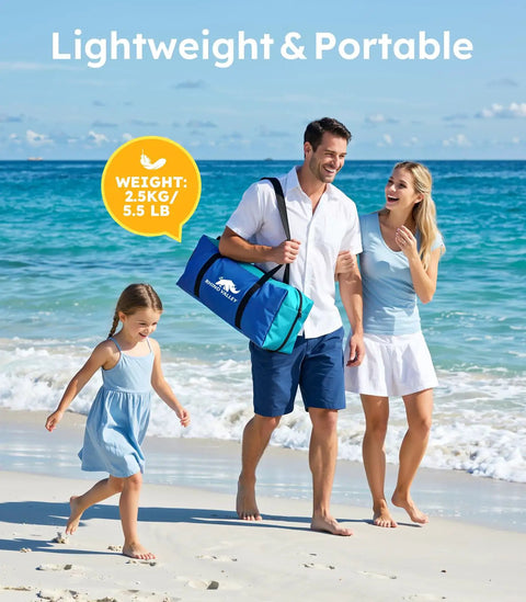 Family carrying a beach tent with double zippered doors and breathable mesh for two to three people, lightweight and portable bag