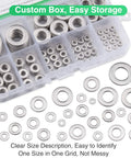 Front view of 304 stainless steel flat washers set, 580 pcs in 9 sizes (M2–M12) in a clear storage box