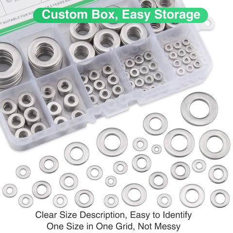 Front view of 304 stainless steel flat washers set, 580 pcs in 9 sizes (M2–M12) in a clear storage box