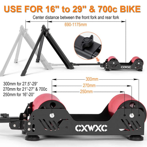 Portable Magnetic Bike Trainer Stand with Adjustable Resistance for Indoor Cycling, fits 16 to 29 inch wheels, size diagram.
