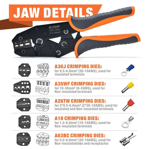 Pro Grade Ratchet Wire Crimping Tool Set With 5 Interchangeable Jaws for AWG 20 to 2, featuring detailed jaw specifications