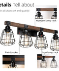 Rustic Wood And Matte Black Industrial Vanity Light Four Light Over Mirror Sconce with metal cage details and dimensions.