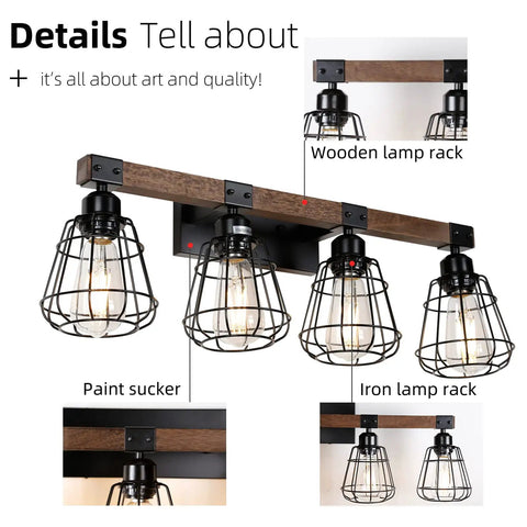 Rustic Wood And Matte Black Industrial Vanity Light Four Light Over Mirror Sconce with metal cage details and dimensions.