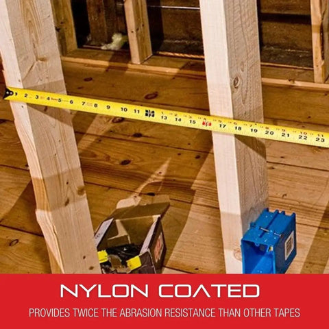 Retractable Imperial Pocket Tape Measure With Nylon Coating And Self Adjusting End Hook extended on wooden frame