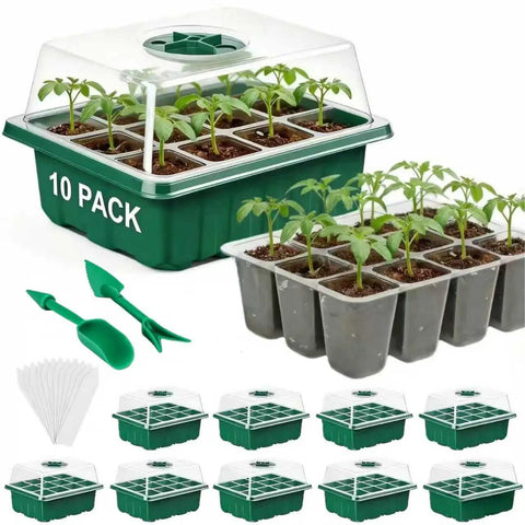 120 Cell Seed Starter Tray Kit With Humidity Dome For Seedlings And Planting Starter, featuring green trays with young plants