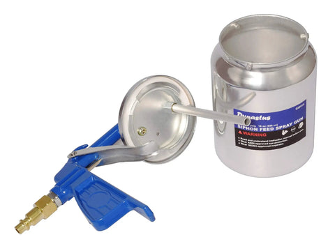 Heavy Duty Suction Feed Air Spray Gun With Nickel Plated Body For Latex Enamel And Stains Includes Filter Cleaning Kit showing blue handle and silver cup.