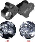 Two Pack Jewelers Loupe With Light 30X 60X 90X Triple Magnification For Coin Diamonds Gems Jewelry And Stamps Includes Spare Batteries For Close Work And Macro Inspection, showcasing lenses and magnified gems.