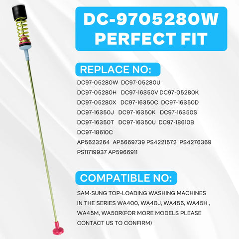 Suspension Rods Replacement Kit For Top Load Washer Models with part number DC97-05280W, shown with compatibility details