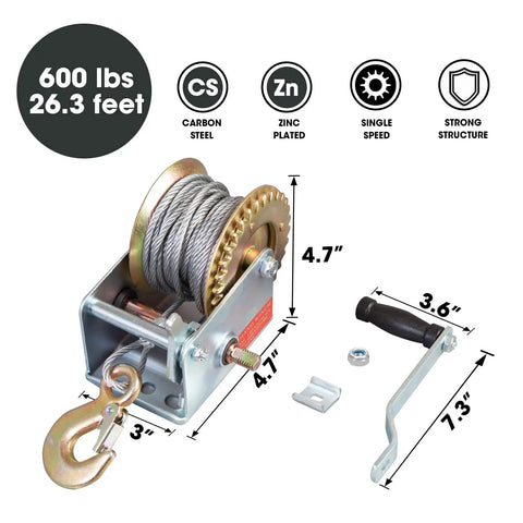 Beefy Hand Crank Boat Winch With 26.3 Ft Cable 600 Lb Capacity Portable Heavy Duty Carbon Steel Zinc Plated Rust Resistant And Weatherproof Compact 8.6 X 8.6 X 6.5 Inch Hoist Winch For Small Boats. 600 lb, 26.3 ft cable