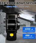 Bolt On Boat Ratchet Straps With Retractable Transom Tie Downs 2x50 Inches 2200 Lbs Break Strength mounted on trailer