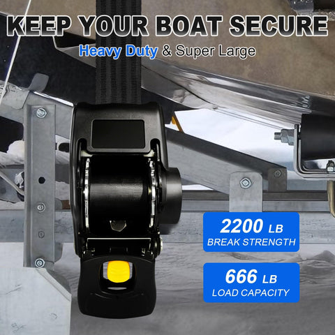 Bolt On Boat Ratchet Straps With Retractable Transom Tie Downs 2x50 Inches 2200 Lbs Break Strength mounted on trailer