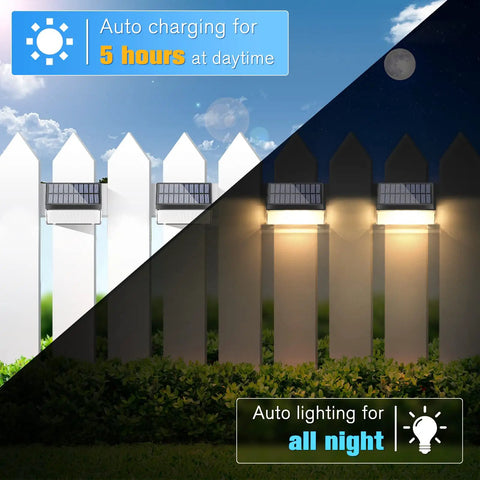 Day and night view of 8 Pack Solar Fence Lights Outdoor for Fence and Patio RGB Color Changing LED Lights with solar panel display.