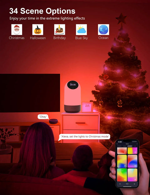 Smart LED Night Light With Alexa And Google Voice Control Dimmable Bedside Table Lamp Lit Color Changing Mood Light 34 Scene Modes Built In Clock Easy Voice Control Perfect Gift For Kids Teens Adults, showing Christmas mode with red lighting and smartphone control.