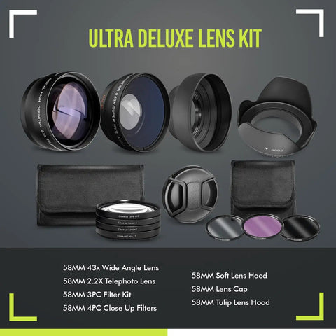 Deluxe Lens Kit For Rebel DSLRs with 58mm filter set, wide and telephoto lenses, close-up kit for T3 T5 T5i T6 T6i T7 T7i EOS 80D 77D