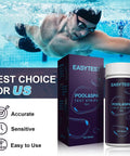 Affordable 7 Way Pool Test Strips Kit For Hot Tubs And Spas, 150 Strips Water Chemistry Test box and bottle on display