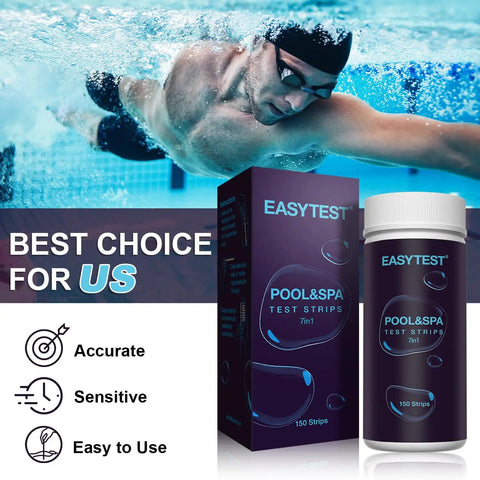Affordable 7 Way Pool Test Strips Kit For Hot Tubs And Spas, 150 Strips Water Chemistry Test box and bottle on display
