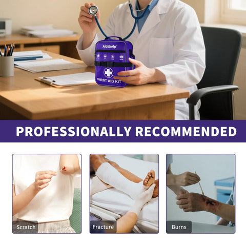 Doctor holding Premium 520 Piece First Aid Kit Large Emergency Medical Kit for Car Home Travel Camping Hiking, purple color