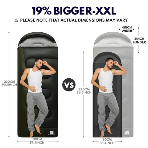 Comparison of XXL Winter Sleeping Bag for Adults and Kids in black and grey color, illustrating 19% size difference with dimensions.
