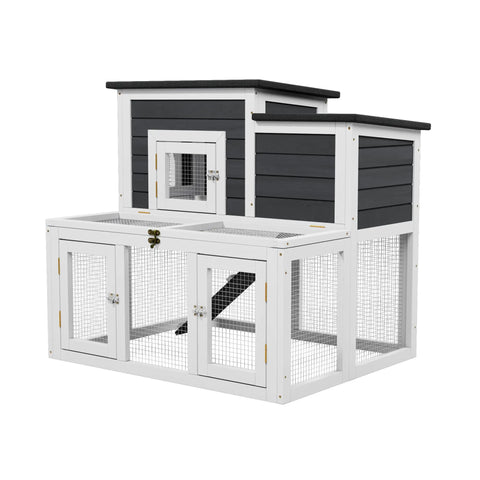 Outdoor Wooden Chicken Coop For 2 To 4 Chickens With Waterproof Asphalt Roof Easy Ramp Multiple Doors Pull Out Tray And Openable Top Backyard Favorite In Classic Black And White displayed with closed doors.