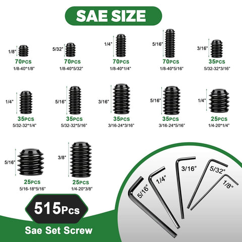 515 pieces of SAE size internal hex headless Allen screws with hex wrenches from 1305-Piece Set Screw Kit With 26 Sizes.