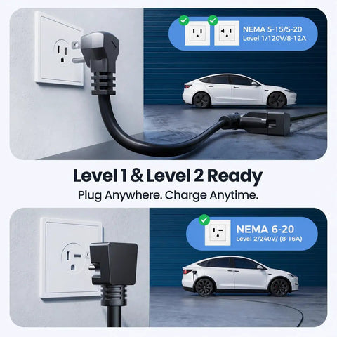 2026 Upgraded Tesla Mobile Home Charger Level 1 And 2 16 Amp Smart Schedule Nema 5 15 6 20 Plug charging at home outlet.