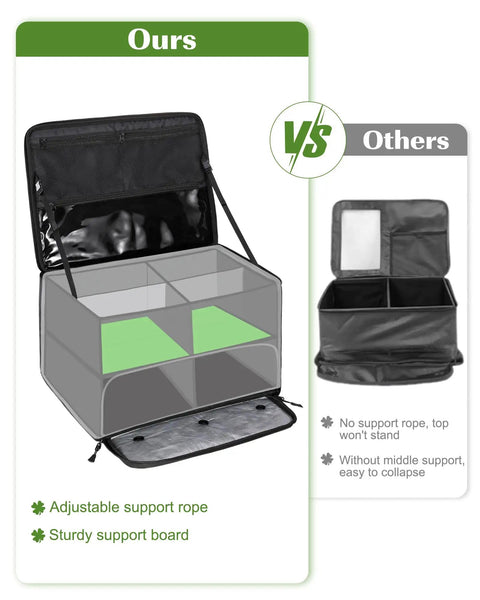 Comparison of golf trunk organizer with two-layer storage, shoe pocket, adjustable support vs competitor's version.