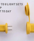 Close-up of yellow power connectors for Heavy Duty 100 Foot LED Construction String Lights, 90W Industrial Grade with 10 Bulbs, 10500 Lumens