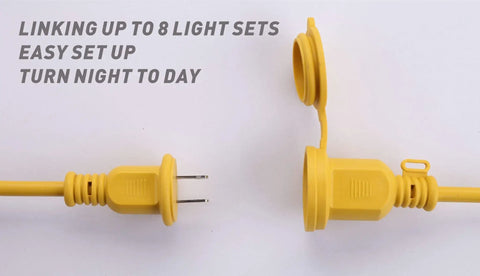 Close-up of yellow power connectors for Heavy Duty 100 Foot LED Construction String Lights, 90W Industrial Grade with 10 Bulbs, 10500 Lumens
