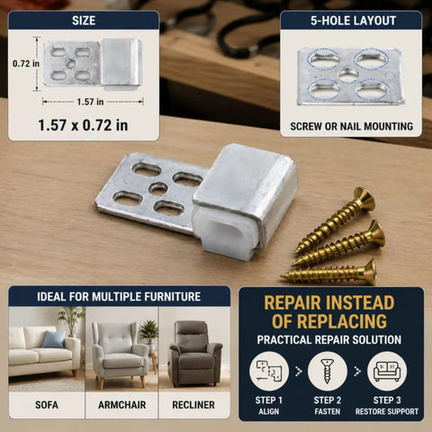 Rock Solid Upholstery Spring Clips Repair Kit For Saggy Couches And Sofas Includes Complete Set Of Carbon Steel Screws With Socket Driver Fast Hassle Free Furniture Revamp, 1.57 x 0.72 inch clip with screws.
