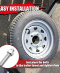 Side Mount Spare Tire Carrier Bracket With Zinc Plated U Bolt Holder For 4 And 5 Lug Rims Fits Trailer Frames 2 To 3 Inches Wide And Up To 15 Inch Tires Includes Nuts Easy Install Rugged Heavy Duty Trailer Accessory shown installed with tire and bolt details