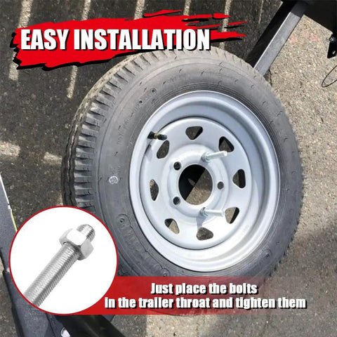 Side Mount Spare Tire Carrier Bracket With Zinc Plated U Bolt Holder For 4 And 5 Lug Rims Fits Trailer Frames 2 To 3 Inches Wide And Up To 15 Inch Tires Includes Nuts Easy Install Rugged Heavy Duty Trailer Accessory shown installed with tire and bolt details