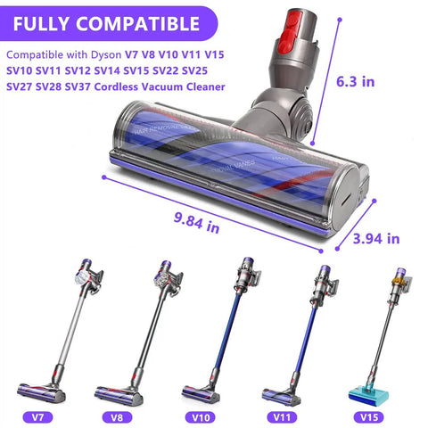 Replacement No-Tangle Vacuum Head For Dyson Cordless V7 V8 V10 V11 V15, Quick Release Motor Head Brush Roller, size details and compatibility