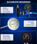 Workhorse 33 Piece Coolant Pressure Tester Kit Featuring Master Vacuum Refill Pump And 23 Adapters for reading gauges and temperature.