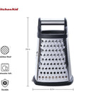 Gourmet 4 Sided Stainless Steel Box Grater With Fine Medium Coarse Grating And Slicing Options, dishwasher safe, black finish, 9.6 inches tall