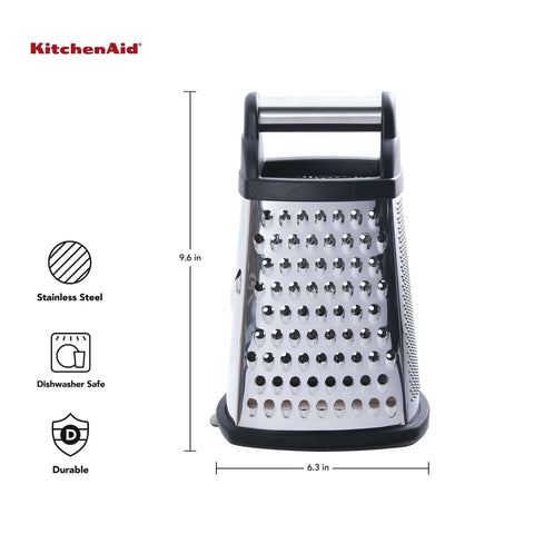 Gourmet 4 Sided Stainless Steel Box Grater With Fine Medium Coarse Grating And Slicing Options, dishwasher safe, black finish, 9.6 inches tall