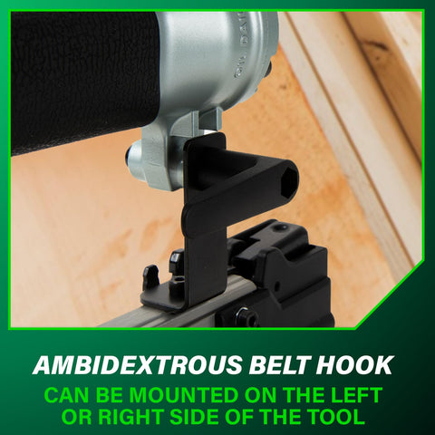 Close-up of Pro 18 Gauge Brad Nailer with ambidextrous belt hook on lightweight aluminum magazine
