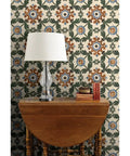Pro Level Distressed Tiles Vinyl Wallpaper With Badass Leather Texture For Commercial Spaces And Home Renos Paste Required Super Durable Type Two Wallcovering Custom Printed Just For You Killer Interior Decor on a decorative wall behind a lamp and table.