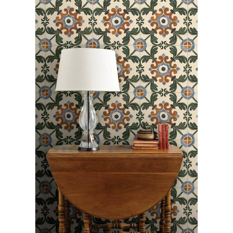 Straight Up Killer Distressed Tile Professional Wallpaper With a Matte Linen Texture for Kitchens and Bathrooms Durable PVC-Free Home Makeover Ready Paste to Paper Installation enhances a wooden table with a lamp.