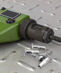 Dead Strong 1/4-20 Multi Grip Rivet Nuts With Pre Bulbed Shank For Lock Tight Threads In 304 Stainless Steel Made For Rough Shop Floors And No Sweat Vehicle Repairs Simple Hand Install Five Pack Deal with a rivet tool and nuts on metal surface.