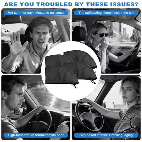 Custom Fit Car Window Mesh Sun Shade For Tesla Cybertruck 2024 2025 2026 shown in car with mosquito and stench issues.